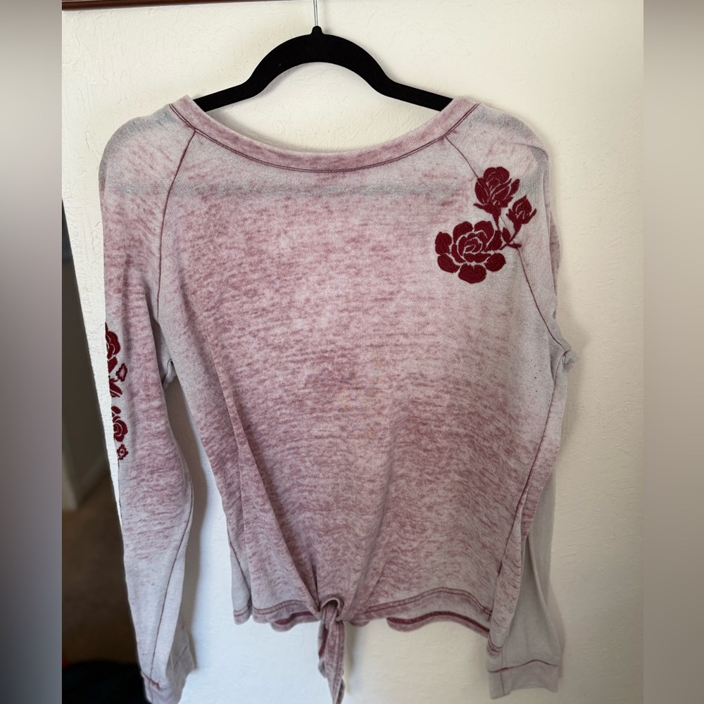 Ariat pink/red lightweight sweater with floral applique and tie front